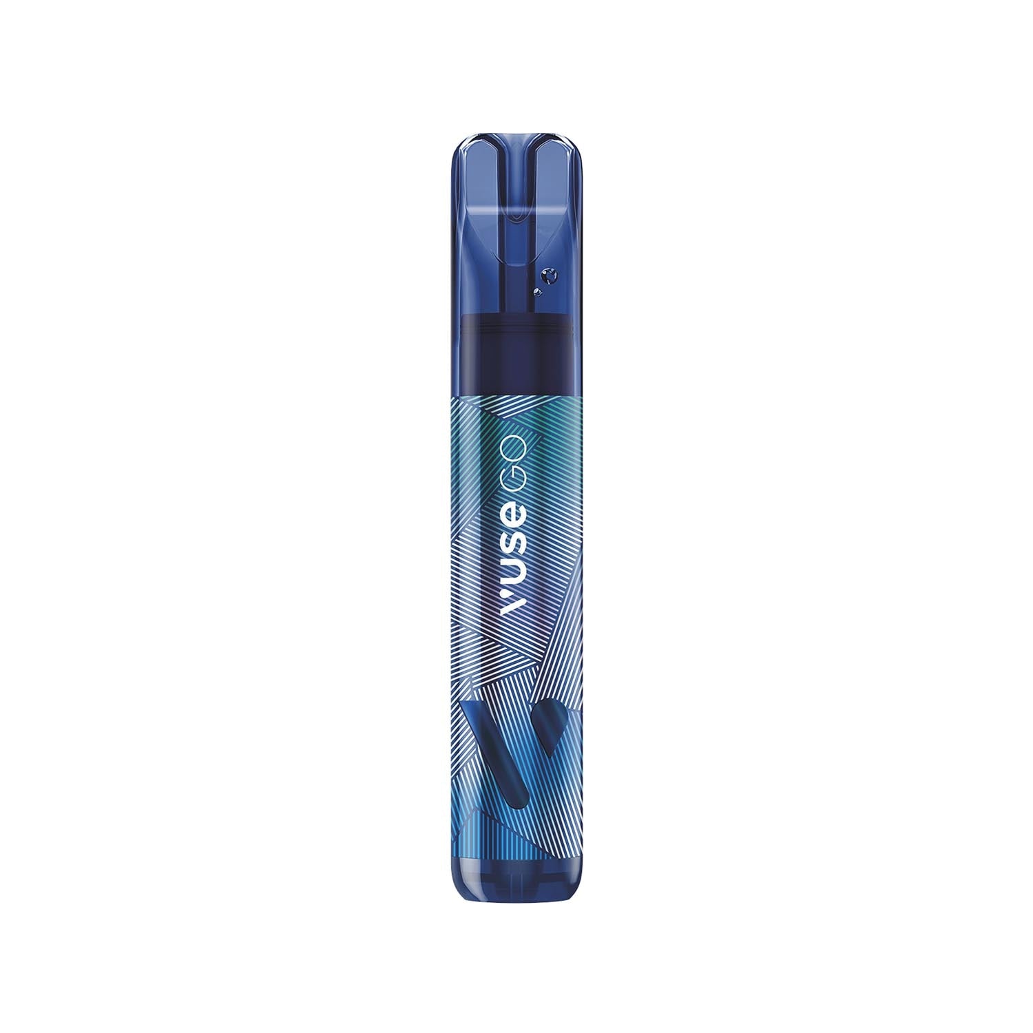 A sleek, blue and green patterned vape device stands upright on a plain white background. The device features the text "NUSE" vertically along its side.