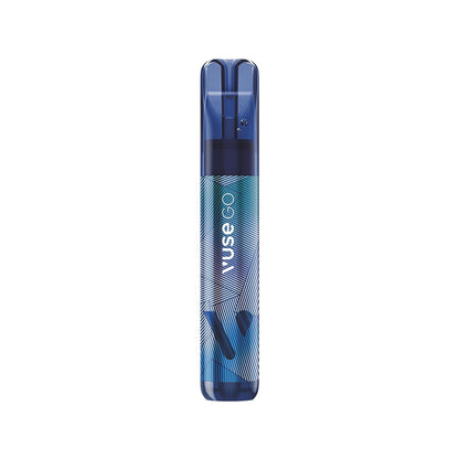 Dark blue vaping device with a geometric pattern in blue and white, standing upright against a plain background. Text reads "NUSE."