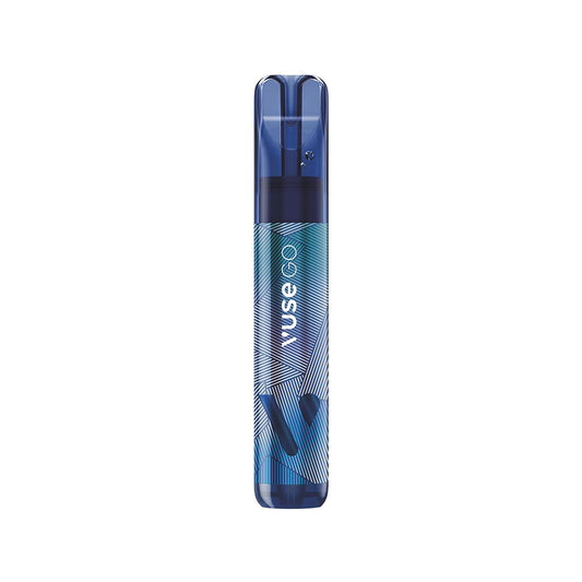 Dark blue vaping device with a geometric pattern in blue and white, standing upright against a plain background. Text reads "NUSE."