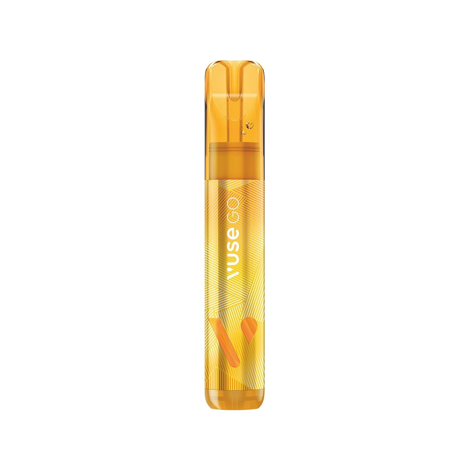 A transparent orange vape pen stands upright, with the text "VUSE GO" on its body, featuring abstract patterns and a smooth design on a plain white background.