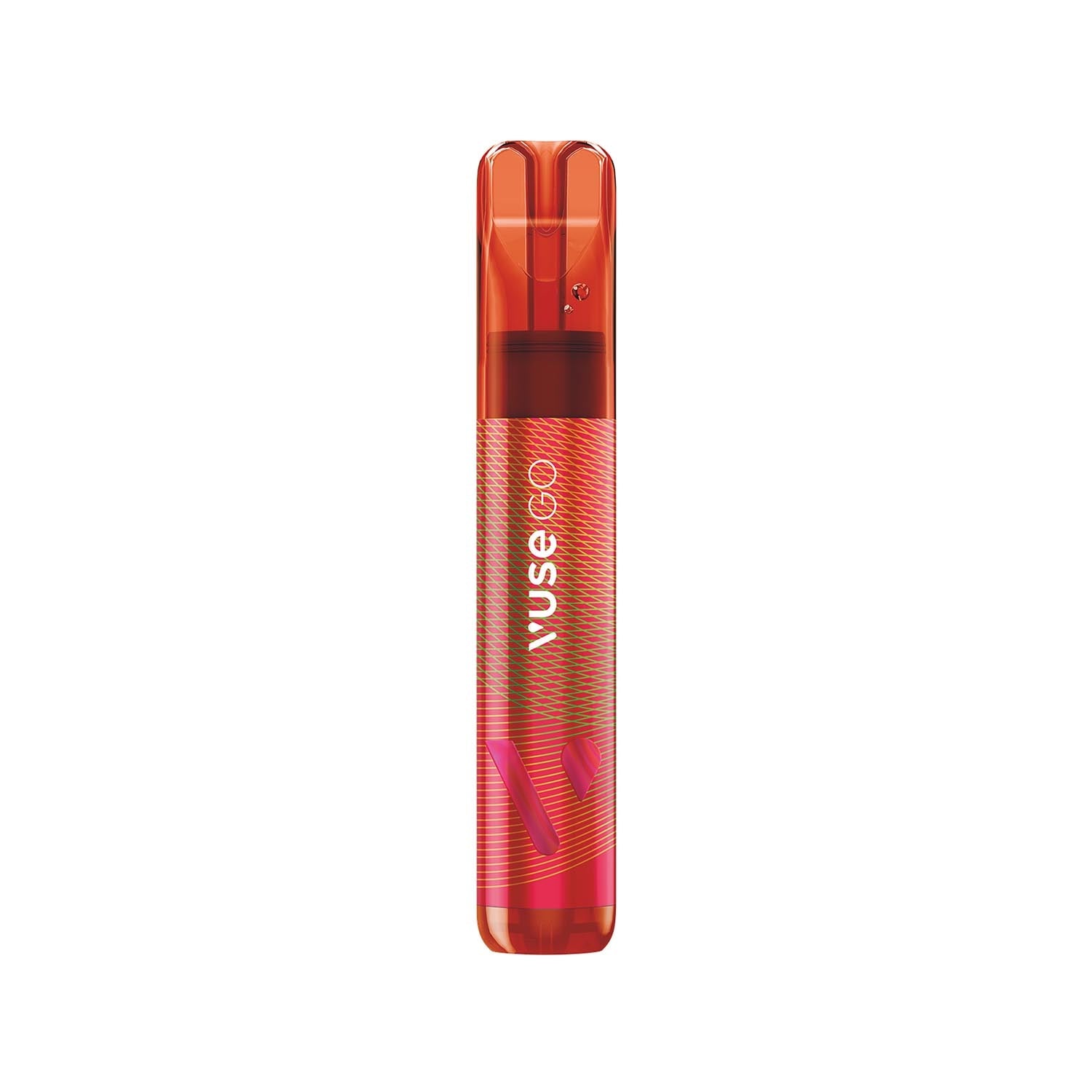 A red, cylindrical vape pen stands upright with the text "VUSE GO" on its body, set against a plain white background.