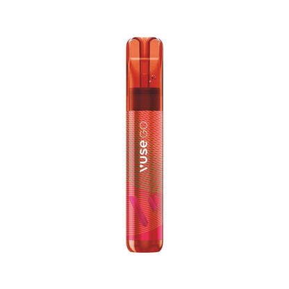 A cylindrical, red vaping device labeled "VUSE GO" stands upright against a white background, featuring a transparent cap and textured grip, designed for portability and convenience.