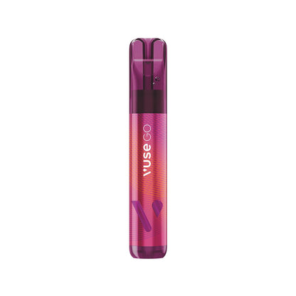 A red cylindrical device labeled "Vuse GO" stands upright, featuring a textured design and two purple shapes, set against a white background.