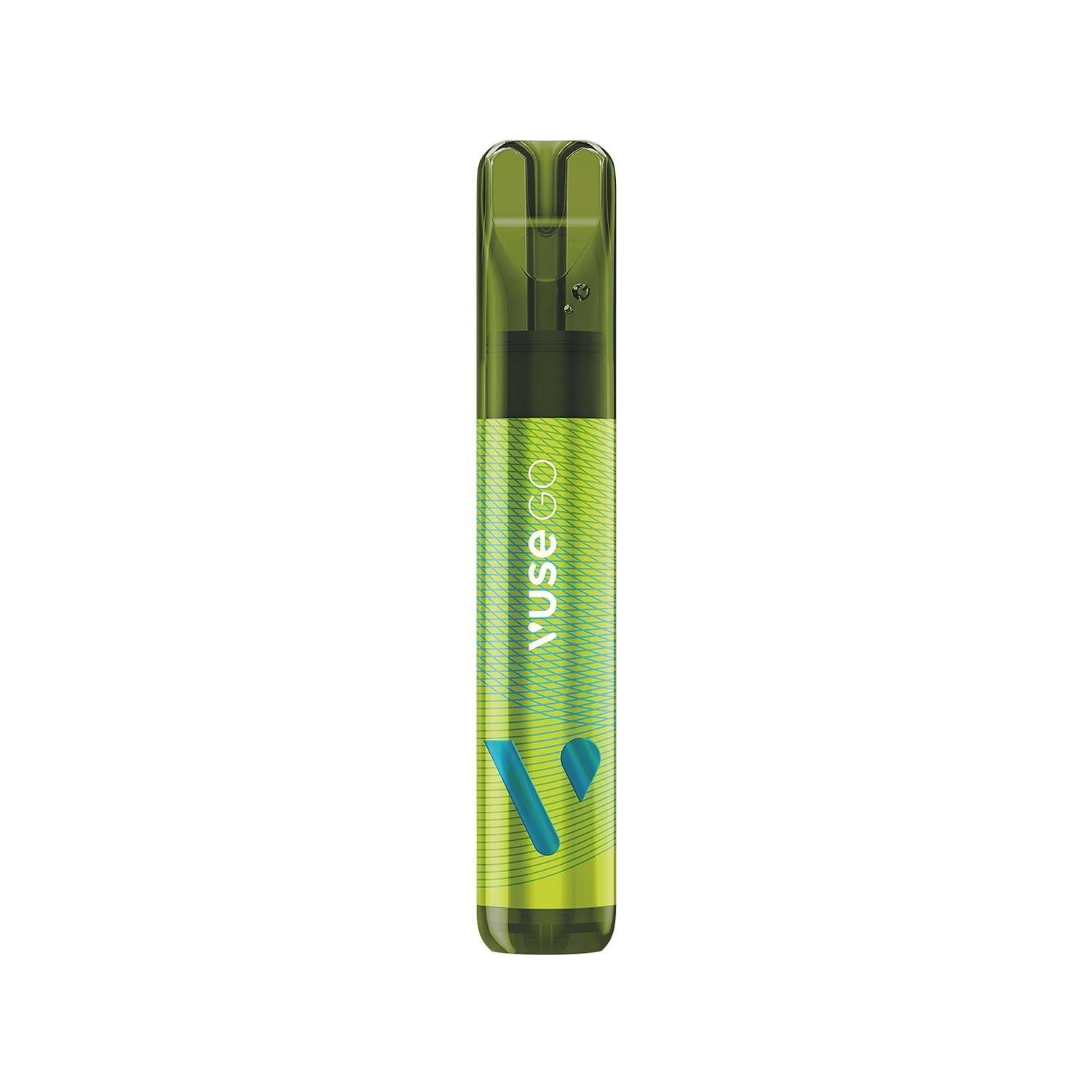 A green vaping device stands upright, featuring "Vuse Go" text, with a clear cap over the mouthpiece. The background is plain white.