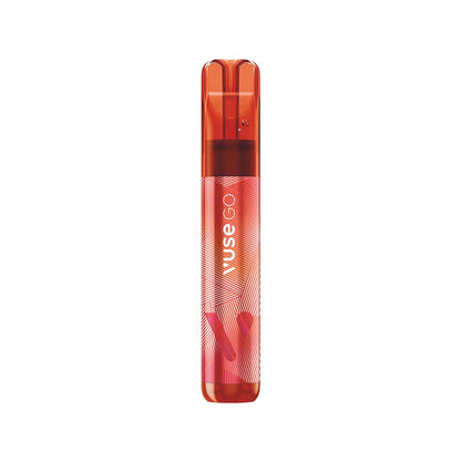 A translucent red vaping device stands upright, displaying the text “VUSE GO” with diagonal patterns, set against a plain white background.