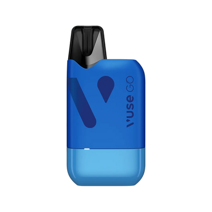 Blue vaping device with a black mouthpiece, featuring the text "vuse GO" on its body, with a minimalistic design against a plain background.