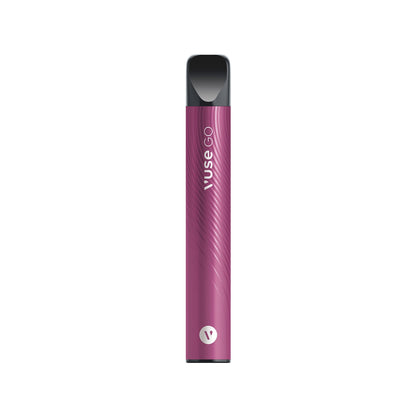 A sleek, pink vape pen stands upright in a white space. The pen features the text "VUSE GO" vertically along its body, with a discreet brand logo near the bottom.