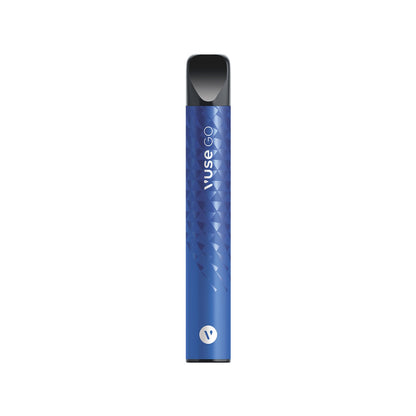 A blue, slender device labeled "Vuse GO" stands upright against a white background, featuring a geometric pattern and a circular logo at the base.