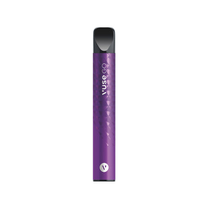 Object: "Vuse ePen" device and capsule. Action: They are stationary, showcased against a purple backdrop. Context: Promotional image for a grape ice-flavored vape product. Text: "Vuse ePen Go Vega* Grape Ice*".