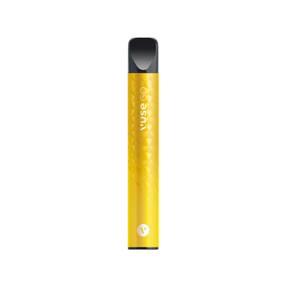 A yellow disposable vape pen labeled "Vuse GO" features a geometric pattern, standing upright against a white background.