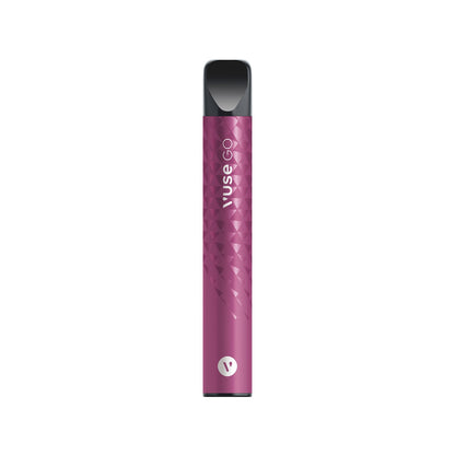 A sleek, purple vape pen labeled "Vuse GO" stands vertically against a white background, featuring a textured pattern and black mouthpiece, conveying a modern, minimalist design.