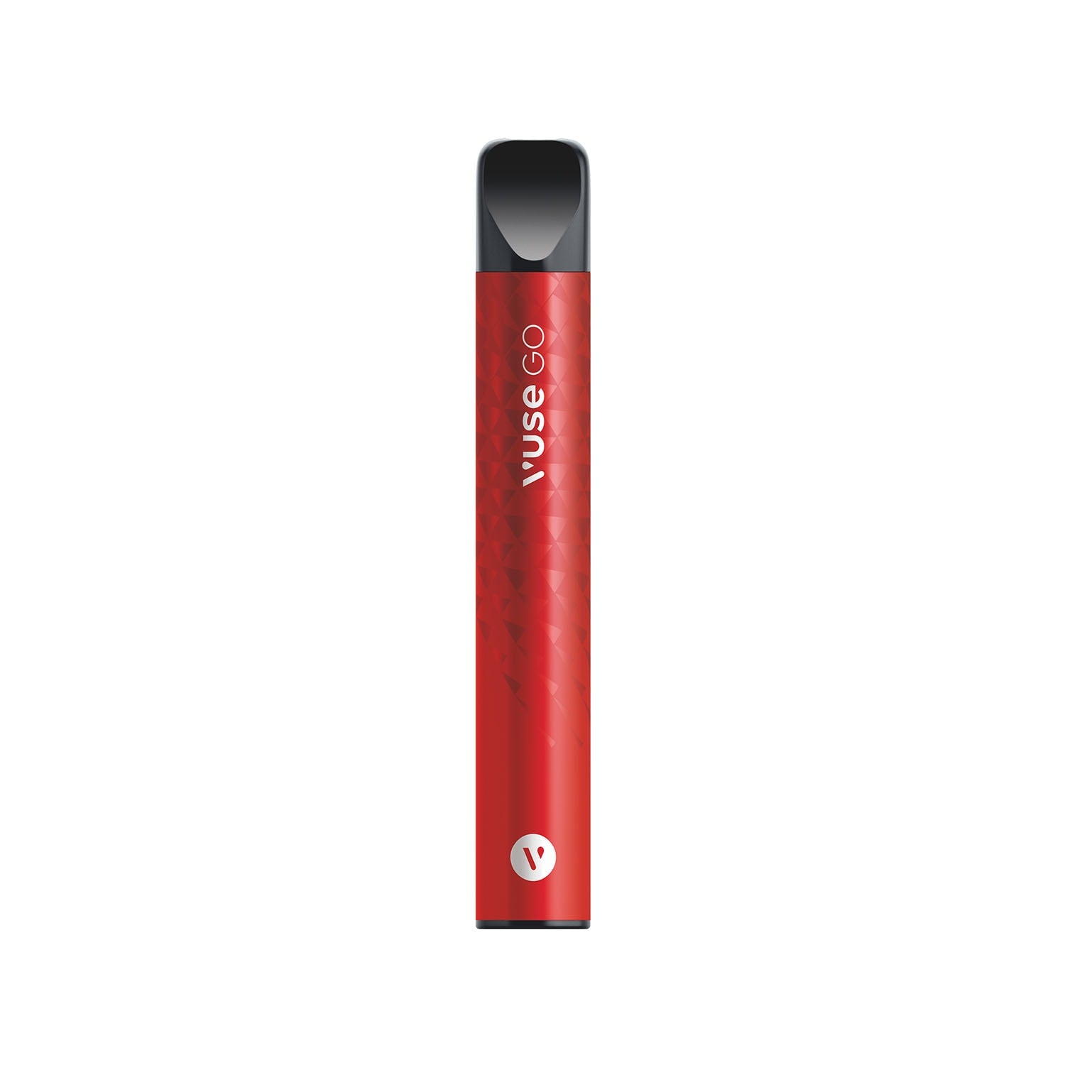 A red Vuse Go vape pen stands upright against a plain white background, featuring the text "VUSE GO" in white and a circular logo near the bottom.