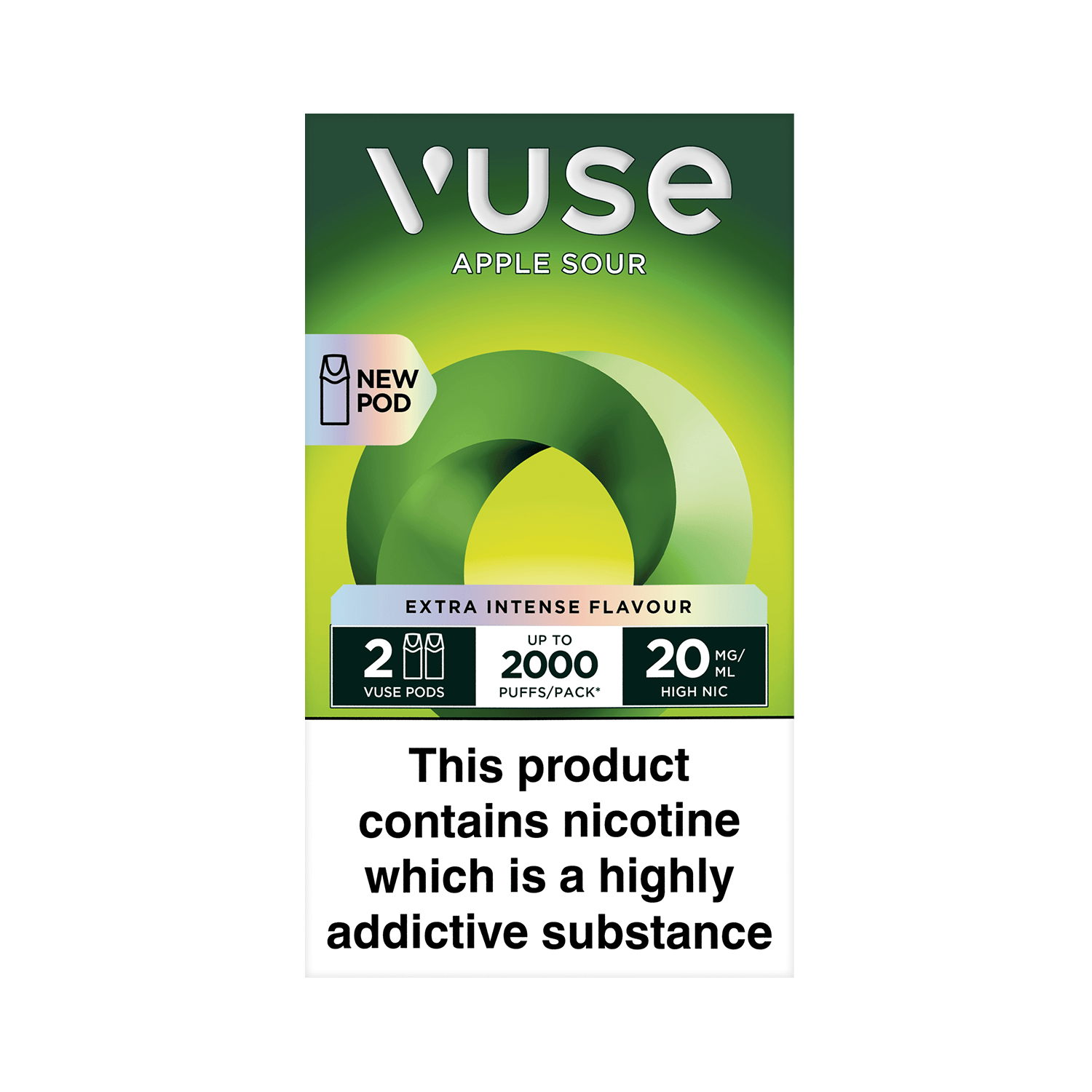 Vuse package displays an apple sour pod with swirling green design. Text highlights: “NEW POD,” “2 VUSE PODS,” “UP TO 2000 PUFFS/PACK*,” “20 MG/ML HIGH NIC.” Warning: “This product contains nicotine which is a highly addictive substance.”