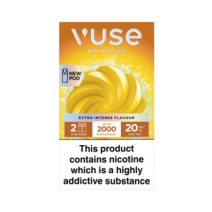 Package of Vuse Banana Ice vape pods with a yellow swirl design. Features include "New Pod," "Extra Intense Flavour," 2 pods, 2000 puffs, 20mg/mL nicotine. Warning: "This product contains nicotine which is a highly addictive substance."