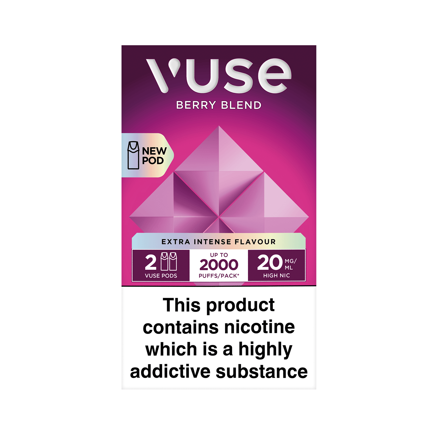 Vuse Berry Blend package, showcasing a new pod design, promises extra intense flavor with 2 Vuse pods, up to 2000 puffs per pack, and 20 mg/ml nicotine. Warning: "This product contains nicotine which is a highly addictive substance."