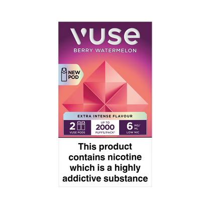 Vuse pod packaging features a geometric pink design, labeled "Berry Watermelon," advertising "Extra Intense Flavour" with "2 Vuse Pods," "up to 2000 puffs/pack," and "6mg/ml" nicotine. Warning: "This product contains nicotine which is a highly addictive substance."