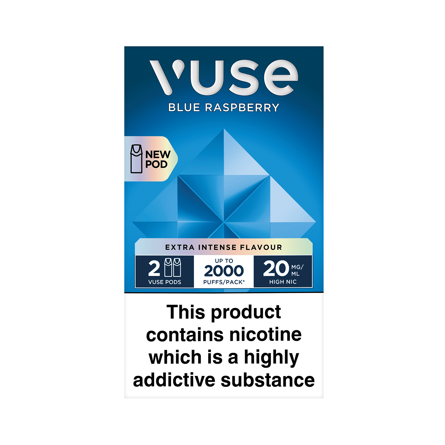 Vuse Blue Raspberry vape packaging features a geometric blue design. Promoted as "Extra Intense Flavour," it contains two pods with 20 mg/ml nicotine, offering up to 2000 puffs. Warning: "This product contains nicotine which is a highly addictive substance."