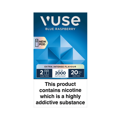 Vuse Blue Raspberry vape packaging features a geometric blue design. Promoted as "Extra Intense Flavour," it contains two pods with 20 mg/ml nicotine, offering up to 2000 puffs. Warning: "This product contains nicotine which is a highly addictive substance."