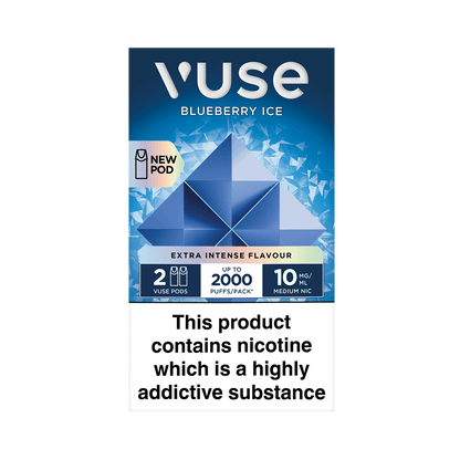 A Vuse Blueberry Ice vape package features a geometric design, highlighting “Extra Intense Flavour.” Includes two pods, delivering up to 2000 puffs at 10 mg/mL nicotine. Warning: “This product contains nicotine which is a highly addictive substance.”