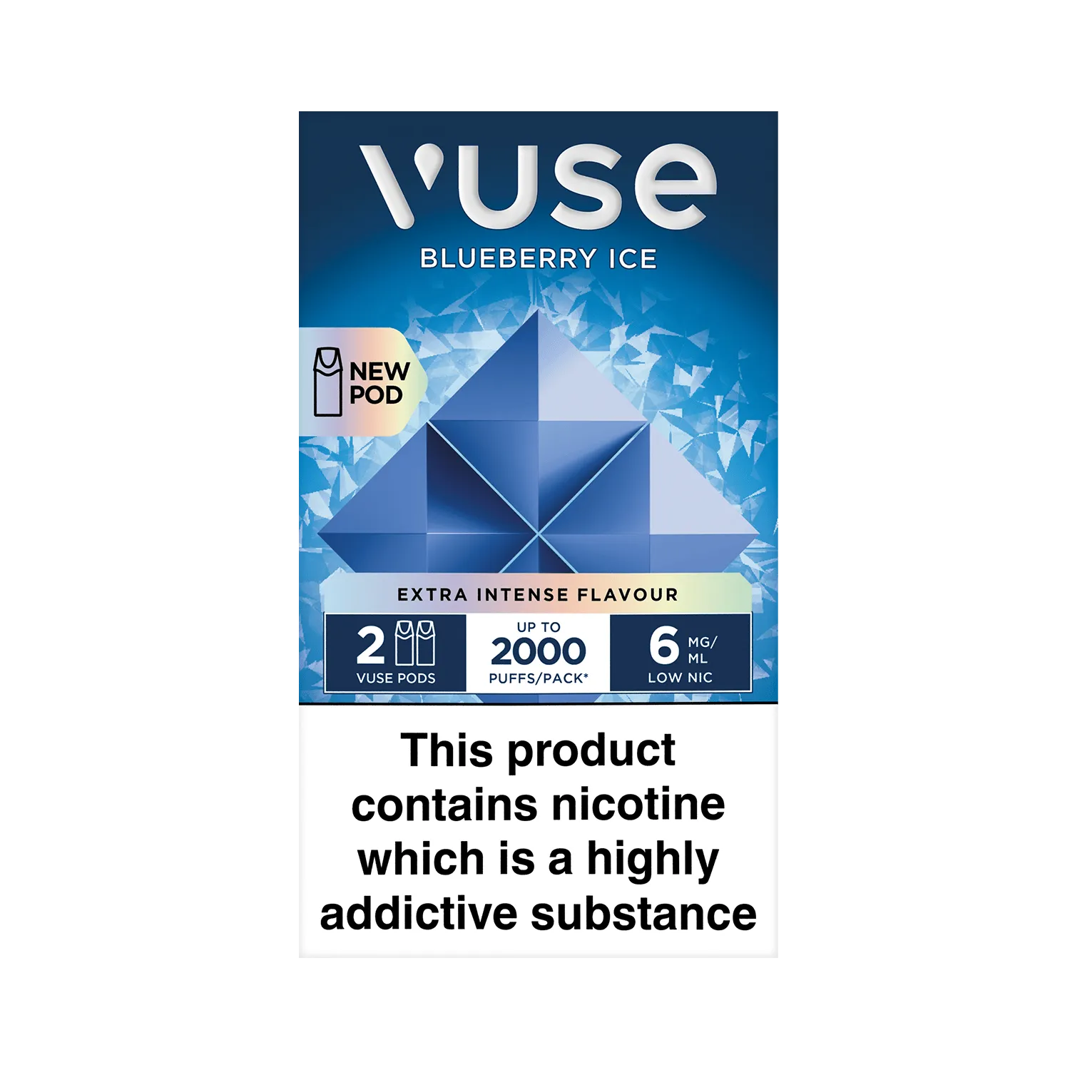 Vuse Blueberry Ice vape packaging features a geometric blue design, highlighting "NEW POD", "EXTRA INTENSE FLAVOUR", "2 VUSE PODS", "UP TO 2000 PUFFS/PACK", "6 MG/ML LOW NIC". Warning: "This product contains nicotine which is a highly addictive substance."