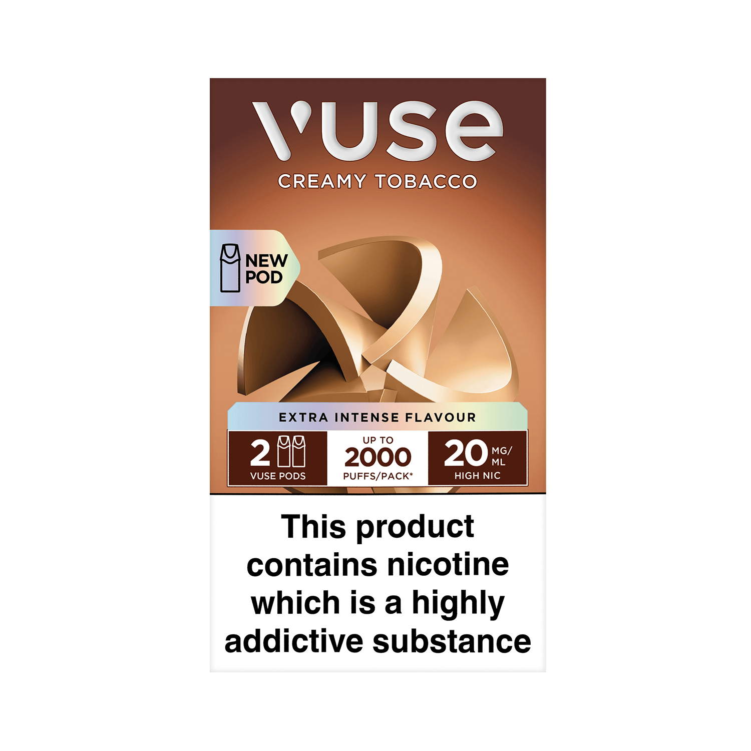 Object: Vuse ePod pod 
Action: Displayed 
Context: On a white background, indicating its Creamy Tobacco flavour and nicotine content of 20mg.
Text: "Vuse, Creamy Tobacco Flavour. 2 x Liquid Pods, 1.9ml, 20mg/ml, 18+ only."