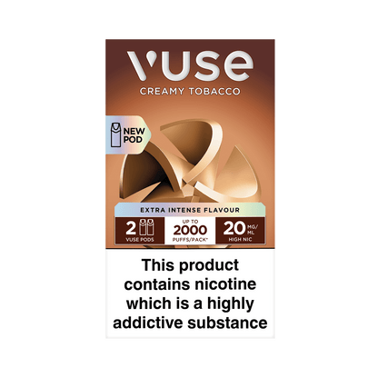 Object: Vuse ePod pod 
Action: Displayed 
Context: On a white background, indicating its Creamy Tobacco flavour and nicotine content of 20mg.
Text: "Vuse, Creamy Tobacco Flavour. 2 x Liquid Pods, 1.9ml, 20mg/ml, 18+ only."