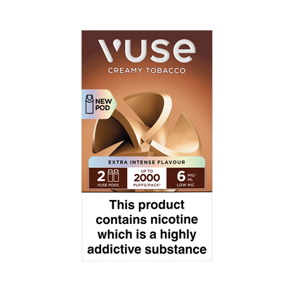 Object: Vuse Pod 
Action: Displayed 
Context: Against a white background, the Vuse Pod, labelled "Creamy Tobacco 6mg," is shown horizontally. Transcribed text: "Vuse Pod, Creamy Tobacco 6mg".