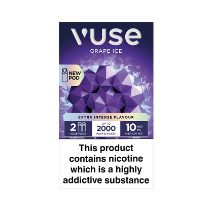 Vuse Grape Ice vaping pods are highlighted, featuring 2 pods, up to 2000 puffs per pack, and 10 mg/ml medium nicotine. Background shows purple geometric design. Warning: "This product contains nicotine which is a highly addictive substance."