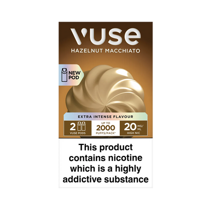 A Vuse Hazelnut Macchiato pod package features swirling creamy design. Text reads: "NEW POD, EXTRA INTENSE FLAVOUR, 2 VUSE PODS, UP TO 2000 PUFFS/PACK, 20 MG/ML HIGH NIC." Warning: "This product contains nicotine which is a highly addictive substance."