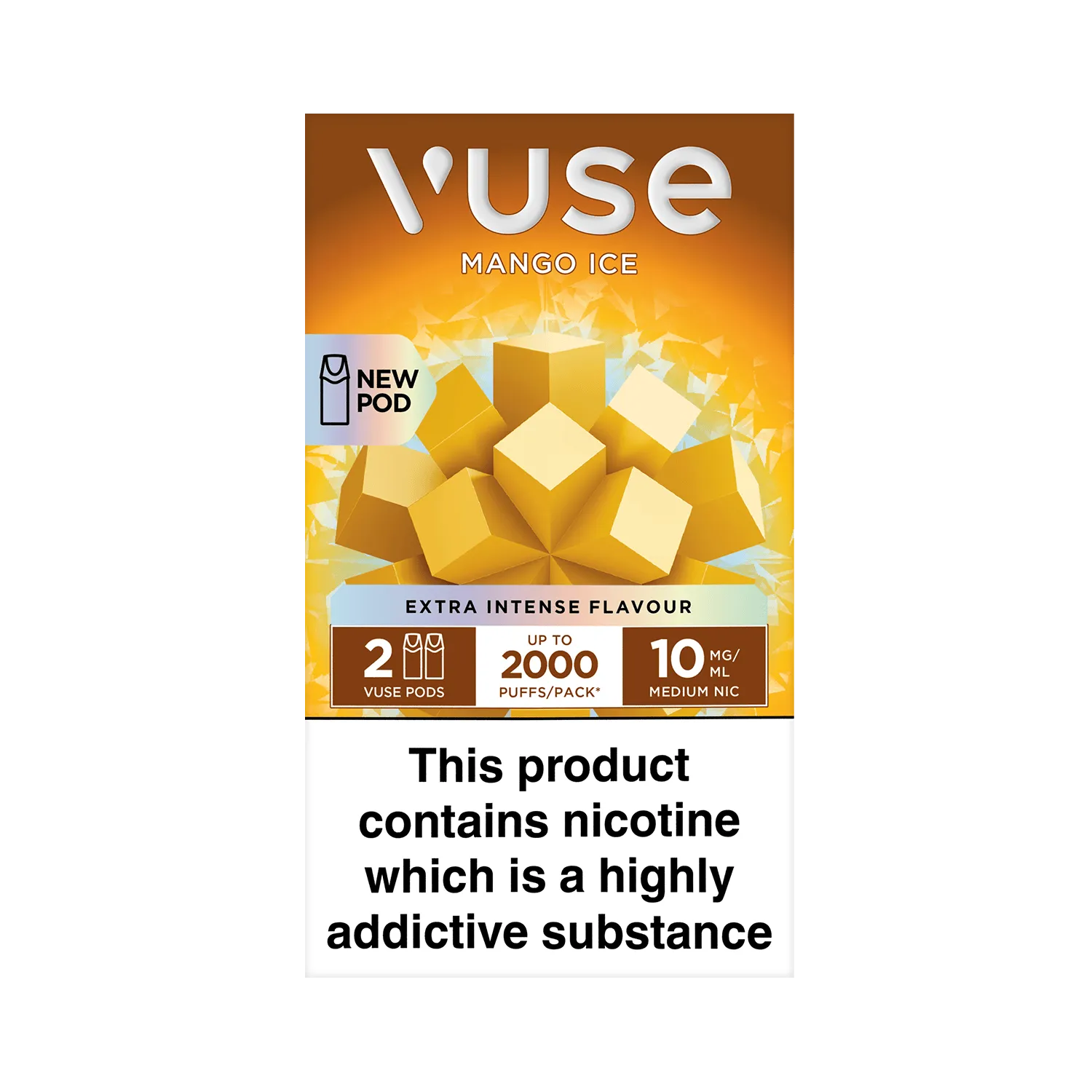 Vuse Mango Ice package features geometric mango shapes, labeled "NEW POD" and "EXTRA INTENSE FLAVOUR." Includes "2 VUSE PODS," "UP TO 2000 PUFFS/PACK," "10 MG/ML MEDIUM NIC." Warning: "This product contains nicotine which is a highly addictive substance."