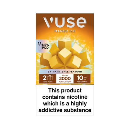 Vuse Mango Ice package features geometric mango shapes, labeled "NEW POD" and "EXTRA INTENSE FLAVOUR." Includes "2 VUSE PODS," "UP TO 2000 PUFFS/PACK," "10 MG/ML MEDIUM NIC." Warning: "This product contains nicotine which is a highly addictive substance."