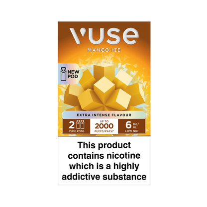 Vuse Mango Ice packaging displays a mango graphic, advertising "Extra Intense Flavour." Text includes "New Pod," "2 Vuse Pods," "Up to 2000 Puffs/Pack," "6 mg/ml Low Nic," and a nicotine addiction warning.