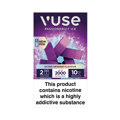 Vuse Passionfruit Ice package shows two purple pods labeled "new pod" against an icy background. Text: "Extra Intense Flavour, 2 Vuse Pods, Up to 2000 Puffs/Pack, 10 mg/ml Medium Nic." Warning: "This product contains nicotine which is a highly addictive substance."