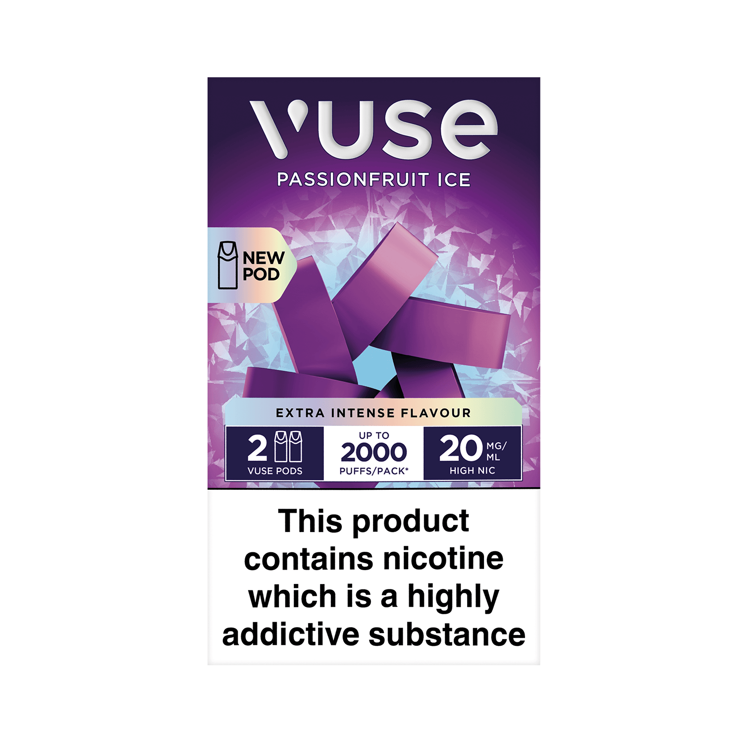 A Vuse Passionfruit Ice vape pod package with a purple design displays details. Text includes: "NEW POD," "EXTRA INTENSE FLAVOUR," "2 VUSE PODS," "UP TO 2000 PUFFS/PACK," "20 MG/ML HIGH NIC," and a health warning: "This product contains nicotine which is a highly addictive substance."