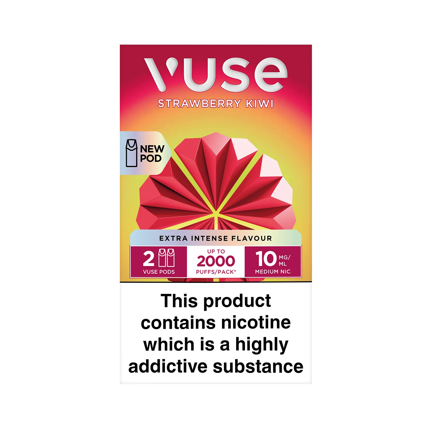 Vuse pod packaging displays a red geometric design, labeled "Strawberry Kiwi," promising "Extra Intense Flavour." Features include two pods, 2000 puffs, and 10 mg/mL nicotine. Text warns of nicotine addiction.