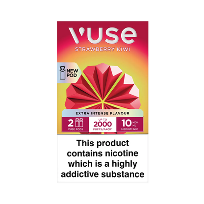 Vuse pod packaging displays a red geometric design, labeled "Strawberry Kiwi," promising "Extra Intense Flavour." Features include two pods, 2000 puffs, and 10 mg/mL nicotine. Text warns of nicotine addiction.