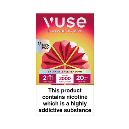 Vuse Strawberry Kiwi vape pod packaging, featuring a red geometric design on a gradient background. Text includes "NEW POD," "2 VUSE PODS," "UP TO 2000 PUFFS/PACK," "20 MG/ML HIGH NIC." Warning: "This product contains nicotine which is a highly addictive substance."