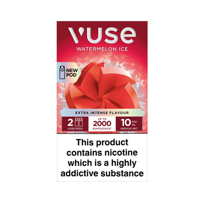 A box of Vuse Watermelon Ice pods features a geometric design with text: "NEW POD," "Extra Intense Flavour," "2 Vuse Pods," "Up to 2000 Puffs/Pack," "10 mg/ml Medium Nicotine." Warning: "This product contains nicotine which is a highly addictive substance."