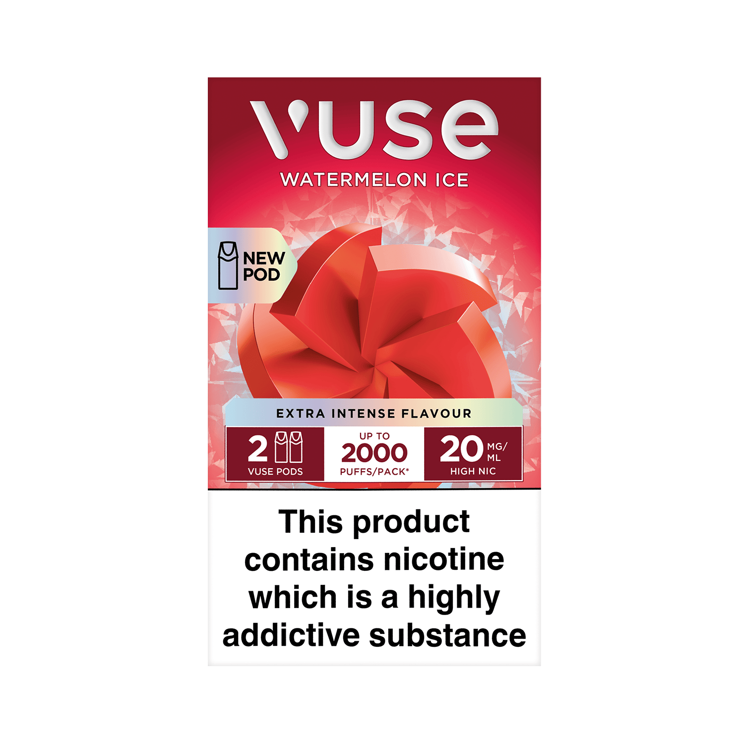 Vuse Watermelon Ice vape pod packaging displays bright red geometric design, offers two pods with extra intense flavor. Text states: "2 Vuse Pods, Up to 2000 Puffs/Pack, 20 MG/ML High Nic." Warning: "This product contains nicotine which is a highly addictive substance."