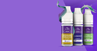 Three e-liquid bottles with splash effects stand together on a purple background. Labels read: "CIRRO, REGULAR TOBACCO," "BLUEBERRY," and "UTTERLY MENTHOL," all marked "original."