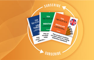 Three packs of Ten Motives e-cigarettes (USA Tobacco, Menthol, Regular) are displayed against an orange background, encircled by curved arrows and "SUBSCRIBE." Warning: "This product contains nicotine which is a highly addictive substance."